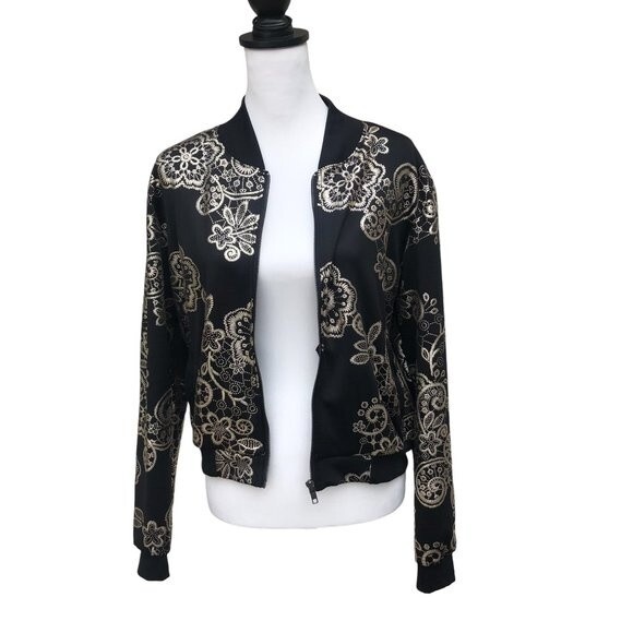 LULAROE Elegant Collection Black Metallic Gold Embossed Crop Jacket Size S - Picture 4 of 9